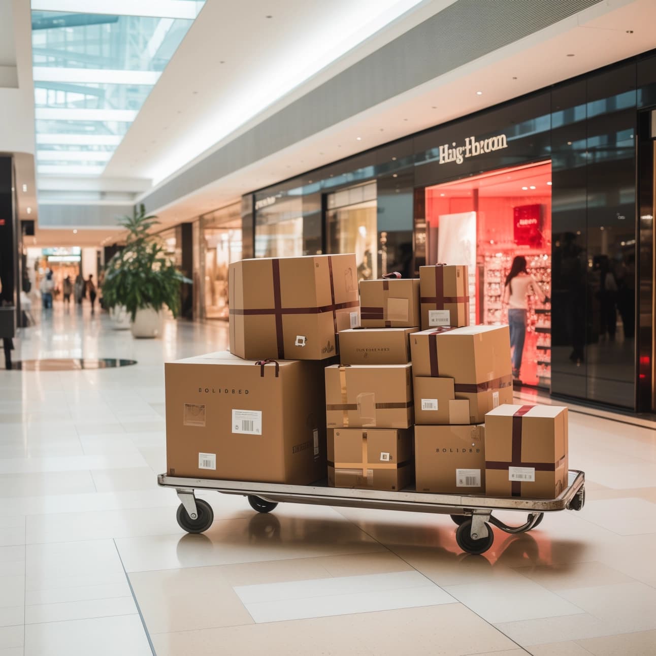 Trolley of packed orders in a retail store